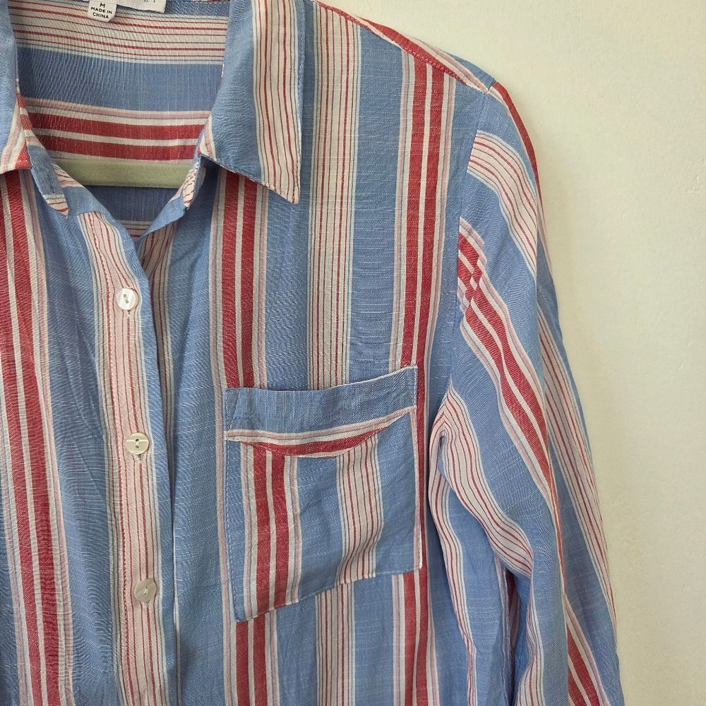 Jane + Delancey Striped Button Down Shirt Casual Retro Western 90s Travel Medium - Picture 5 of 7